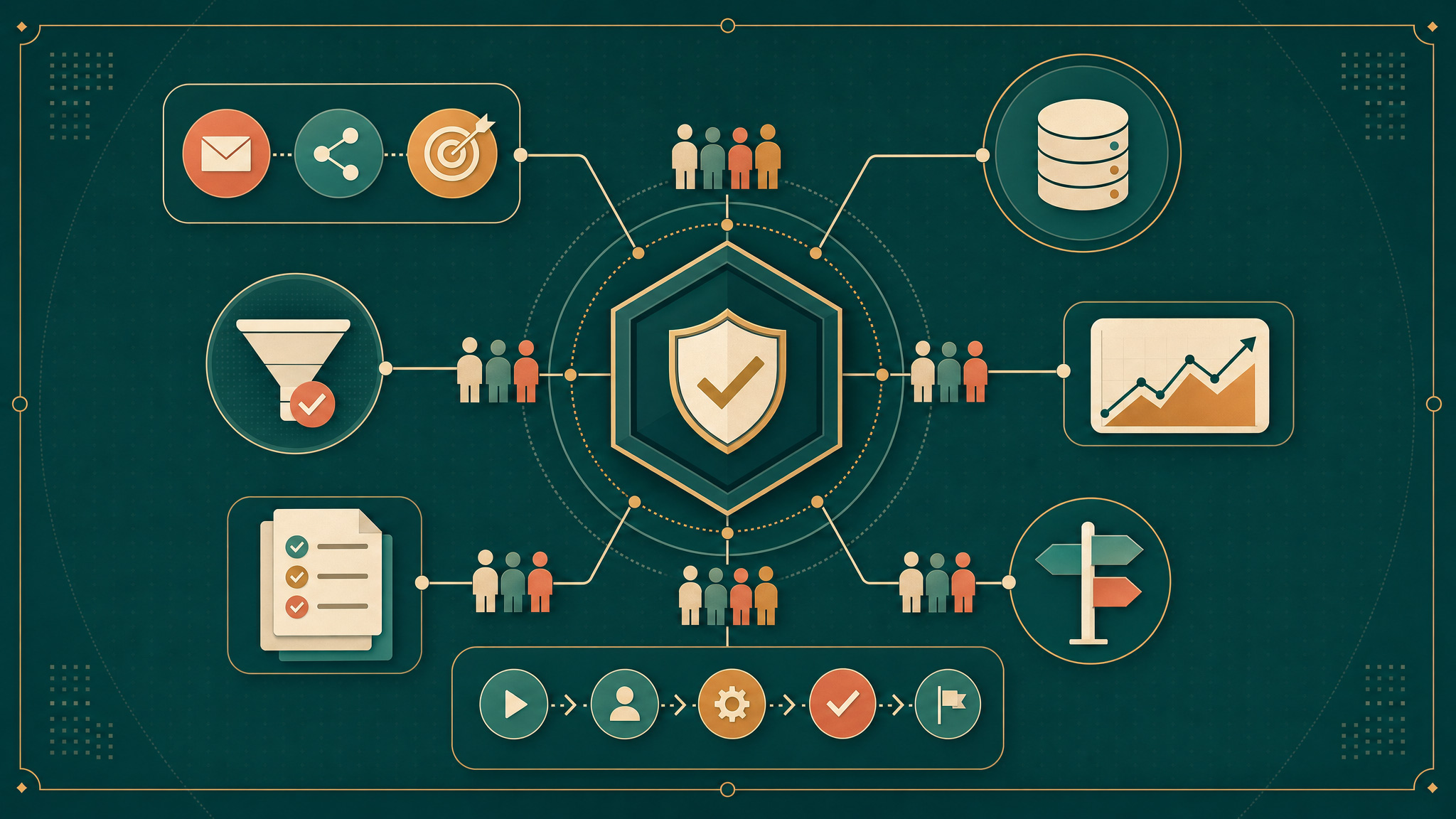 Illustration of a Marketing Operations framework integrating attribution, governance, reporting, workflows, and business systems into a unified operating model.