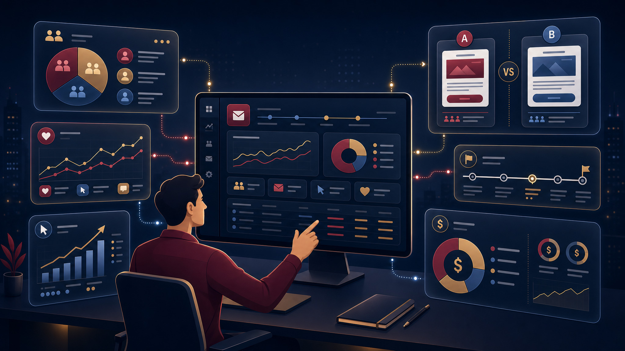 Email Marketing Optimization illustration showing a marketing analyst reviewing campaign analytics and developing data-driven optimization recommendations.