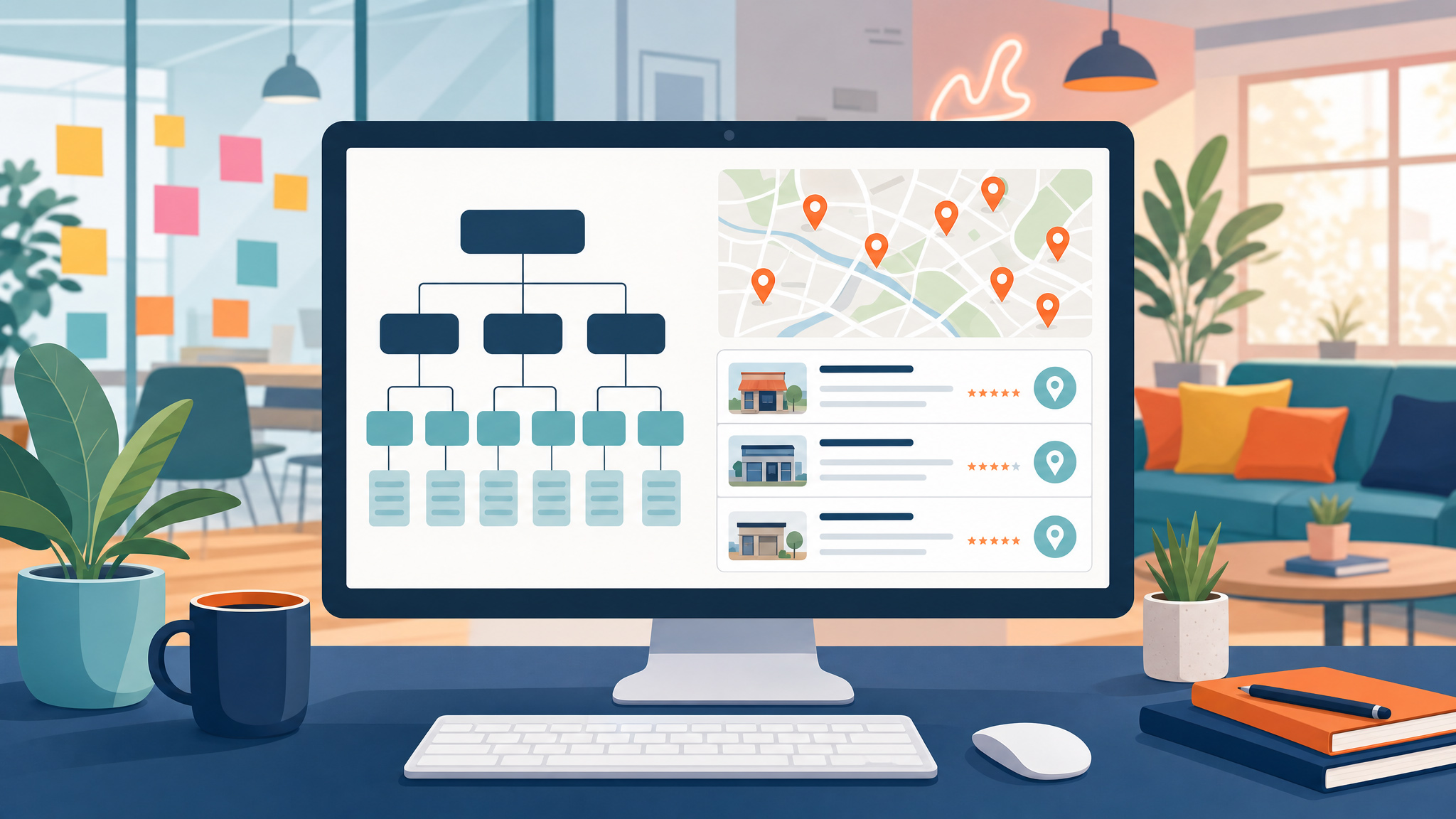 Structured website sitemap with Google Maps coverage and organized service-location pages demonstrating a scalable Local SEO architecture.