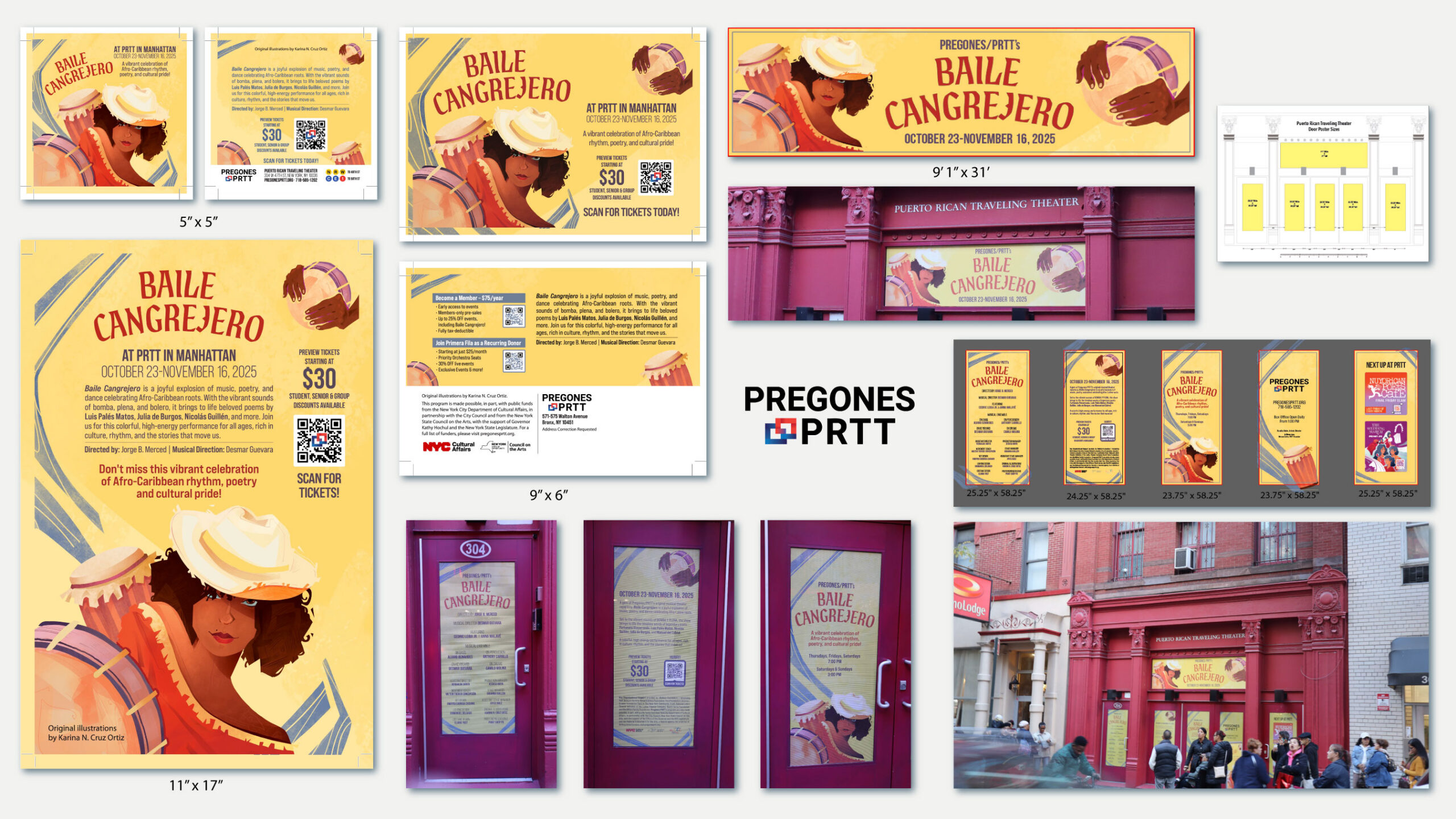 Print Design campaign for Pregones/PRTT’s Baile Cangrejero production featuring posters, direct mail, newspaper ads, venue graphics, and promotional materials.