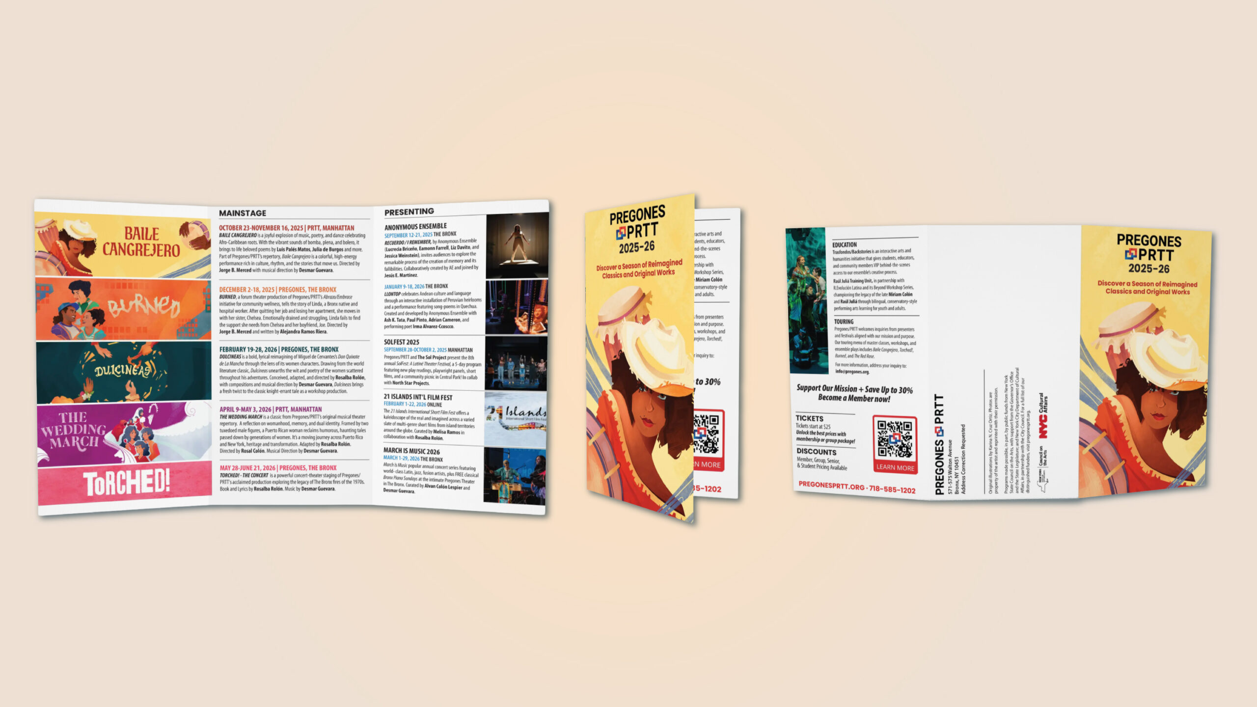 Print Design season brochure for Pregones/PRTT showcasing the 2025–2026 season in open and folded trifold brochure mockups.