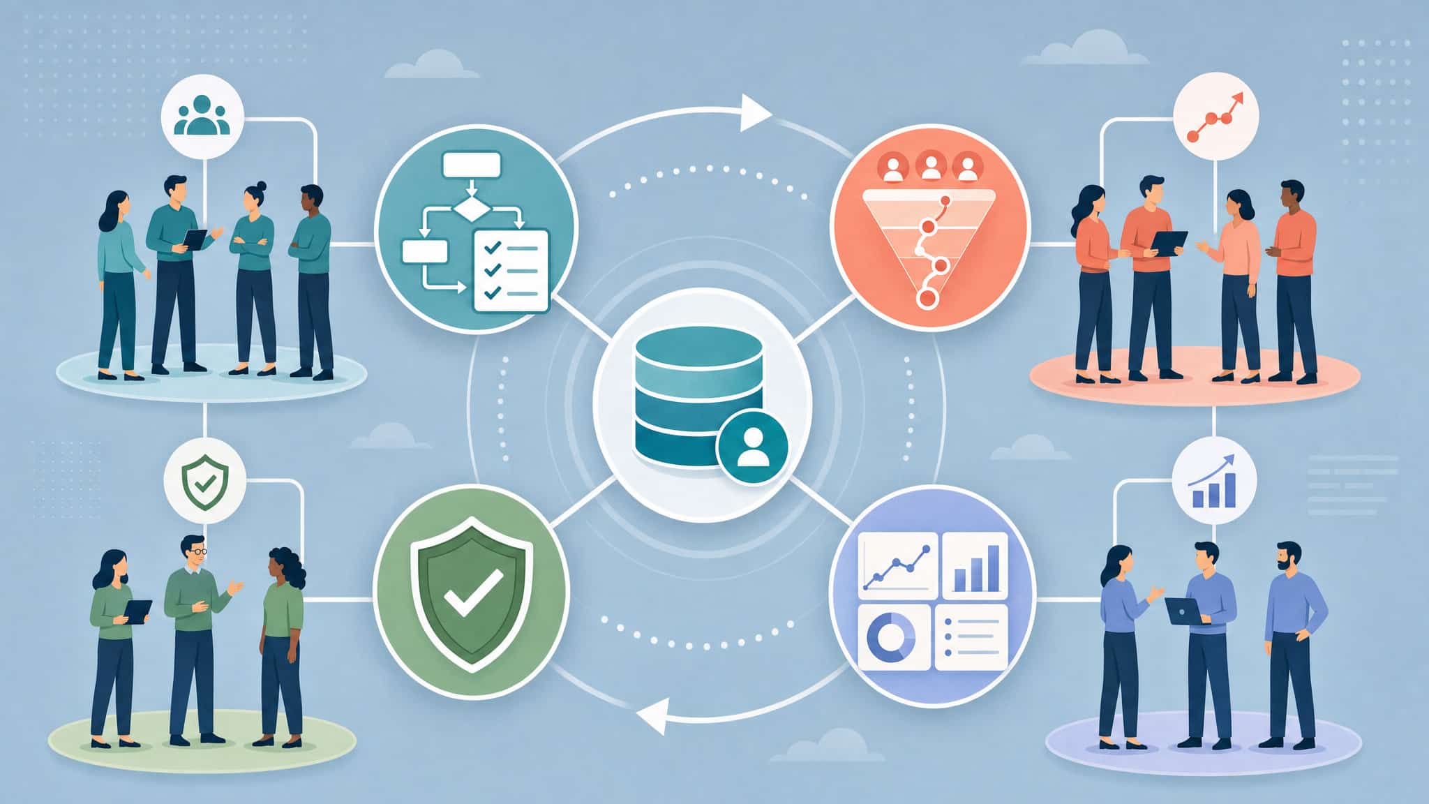 Marketing & Revenue Operations ecosystem connecting CRM, lead routing, attribution, automation, and executive reporting.