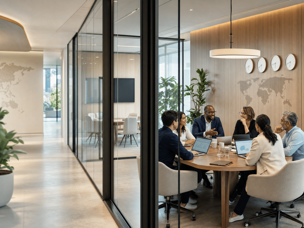 International team collaborating across modern workspaces, representing Govanta’s approach of combining U.S. strategy with global talent to deliver high-quality digital solutions.