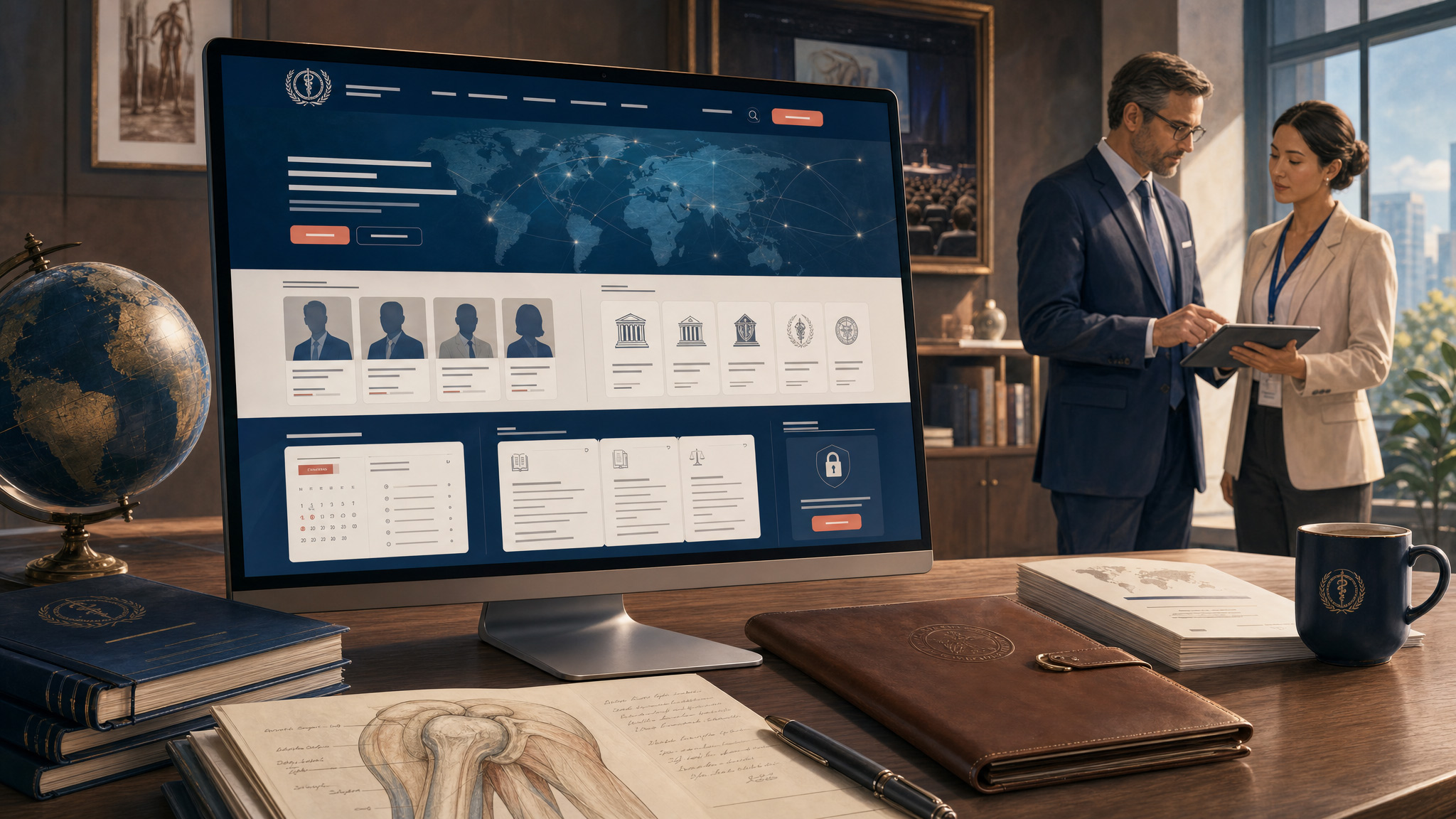 Illustration of a Medical Association Website featuring role-based access, governance tools, member management, and a scalable WordPress platform.